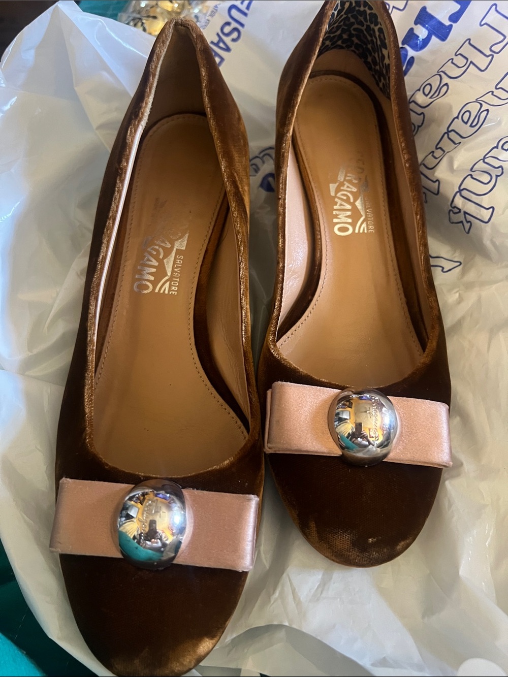Salvatore Ferragamo Brown Velvet Ballet Flats with Pink Bow and Silver Accent